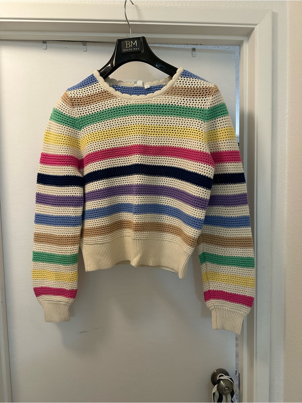 GAP Cream Cropped Crochet Sweater with Multicolor Stripes